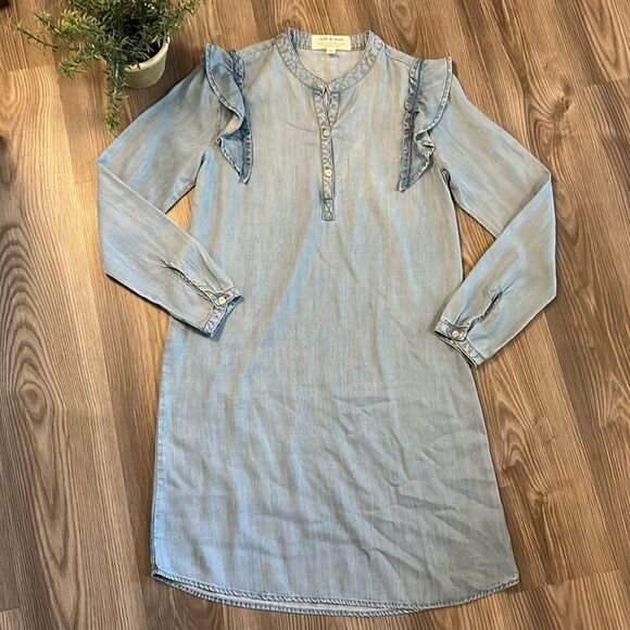 CLOTH & STONE FOR ANTHROPOLOGIE LONG SLEEVE CHAMBRAY DRESS WITH RUFFLE SIZE XS - Picture 4 of 9